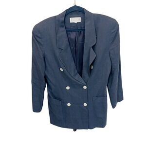 Vintage Saks Fifth Avenue Folio Navy Blue Linen Double Breasted Blazer Size 10
